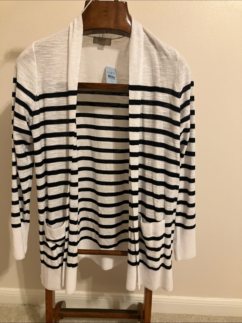 LOFT Navy and White Striped Open-Front Cardigan